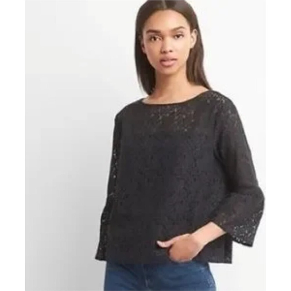 GAP Black Lace Blouse Top Bell Sleeve‎ Sheer Elegant Party XL